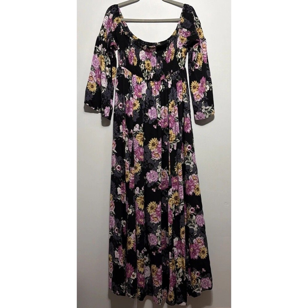 Torrid Floral Smocked Maxi Dress Off Shoulder Flare Bell Sleeve Boho Sz 0